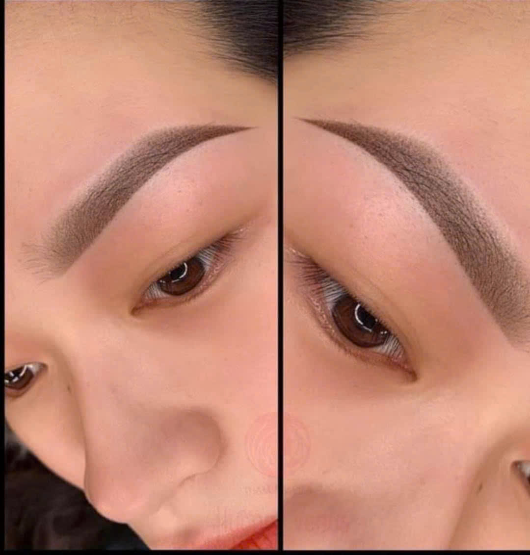 Before and after permanent makeup brows with soft shading